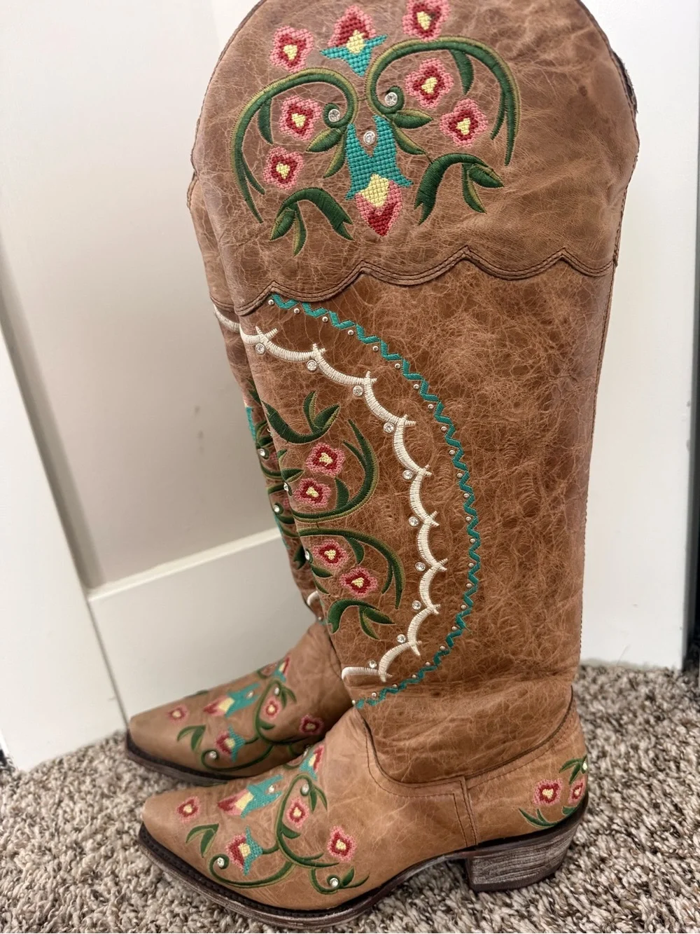 Wildflowers Tan Over-the-Knee Embroidered Boots with Turquoise & Pink Accents